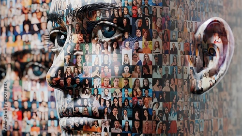 Mosaic Portrait of a Person's Face Made from Smaller Faces