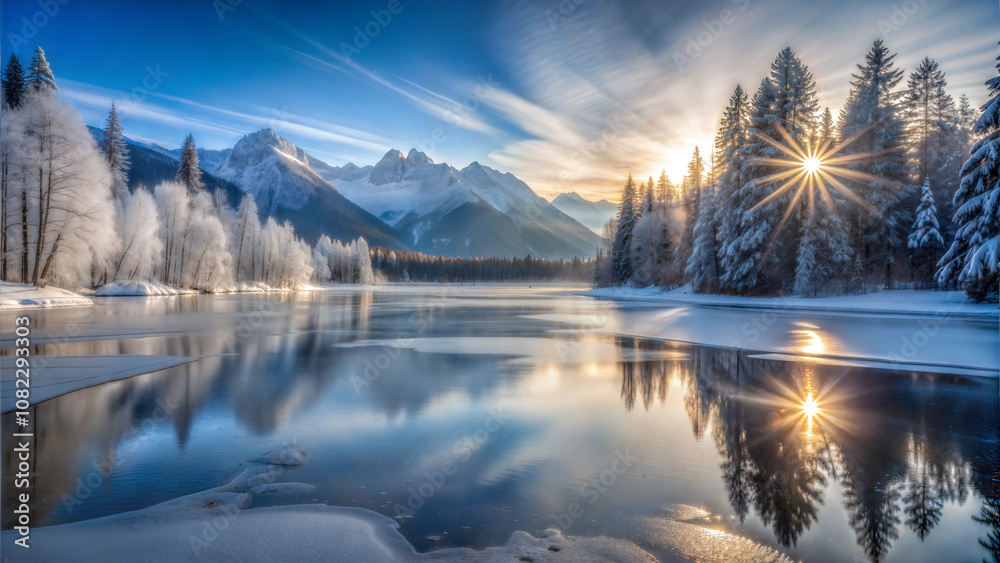 Fototapeta premium Stunning winter lake with mountain reflections and sunlight, peaceful atmosphere, serene nature scene