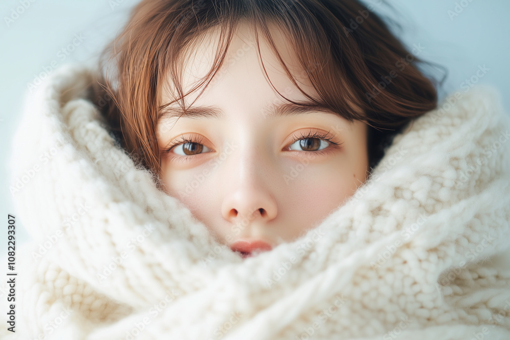 冬の暖かさに包まれた女性のクローズアップ 冬の暖かさに包まれた女性のクローズアップ