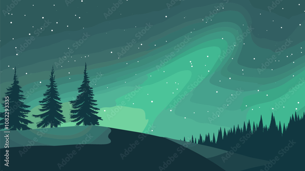 Naklejka premium Northern Lights Over Pine Forest