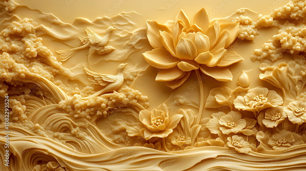 Intricate 3D Carving of Birds and Flowers in Beige Hues, a Detailed Relief Art Background Intricate 3D Carving of Birds and Flowers in Beige Hues, a Detailed Relief Art Background