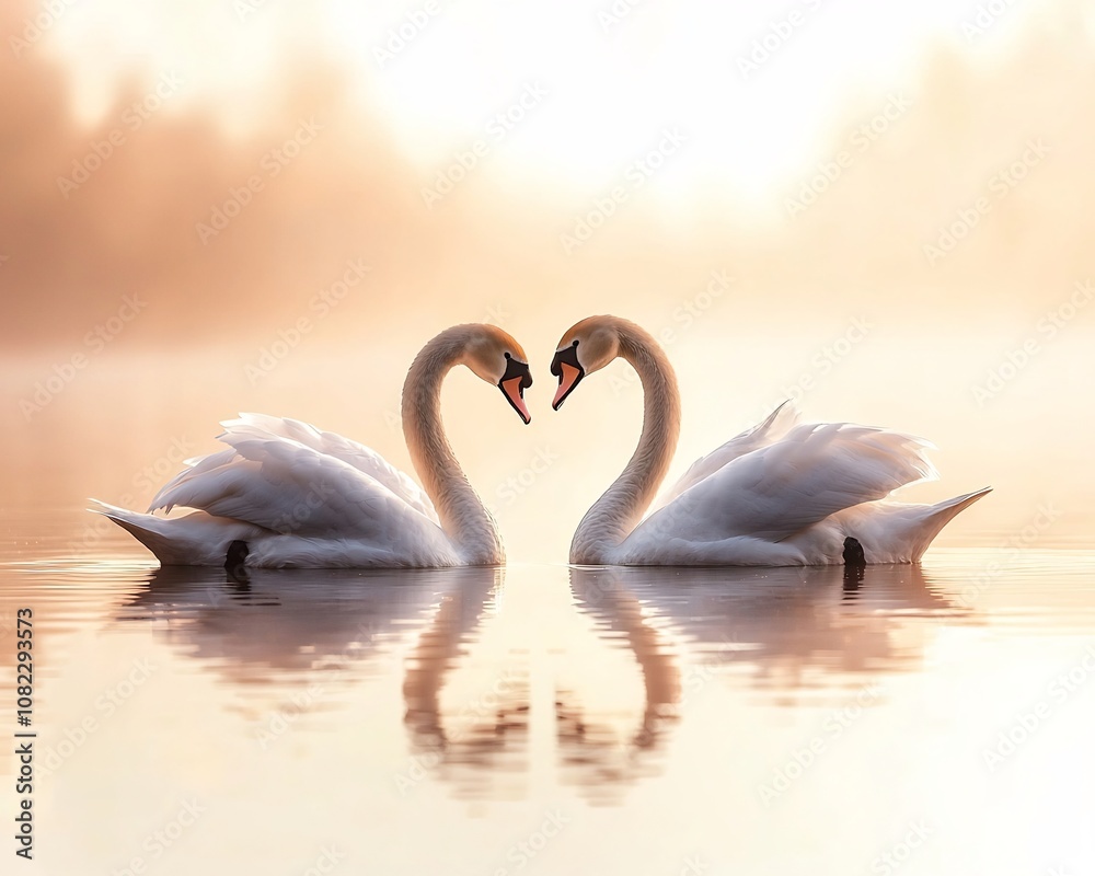 Fototapeta premium Swans Forming a Heart Shaped Reflection in Tranquil Morning Light