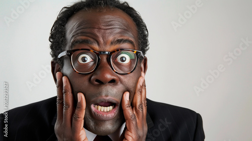 Man in glasses and a suit with a surprised expression, eyes wide open and mouth agape, hands pressed against his cheeks. Ideal for depicting shock, surprise, or sudden realization