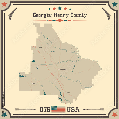 Large and accurate map of Henry County, Georgia, USA with vintage colors.