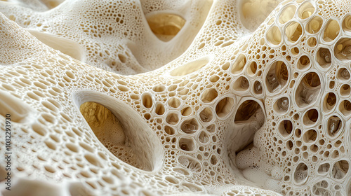 Hyper-realistic macro shot of bioprinted bone tissue scaffolds, intricate cell structures, advanced medical technology 