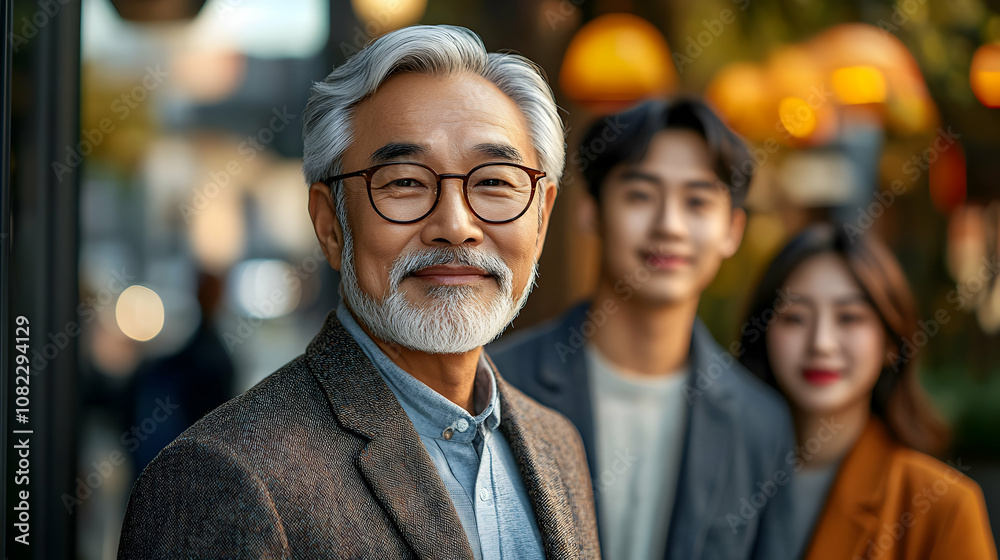 Smiling senior man stands with two younger adults in city background, showcasing intergenerational connection. Smiling senior man stands with two younger adults in city background, showcasing intergenerational connection.