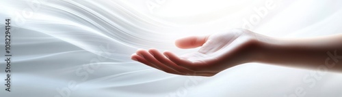 A serene hand reaching out against a soft, flowing background, symbolizing openness and connection.