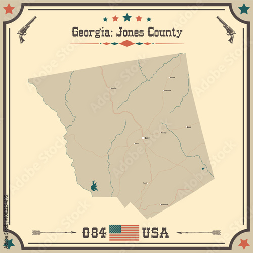 Large and accurate map of Jones County, Georgia, USA with vintage colors.