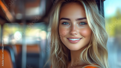 Wallpaper Mural Smiling blonde woman with blue eyes poses near window, showcasing healthy skin and radiant beauty;  A portrait photograph with blurred background. Torontodigital.ca