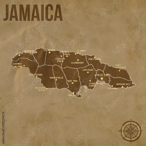 Vintage JAMAICA Map with Regions Borders and Major Cities Positions