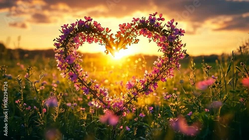Beautiful sunset over a heart-shaped flower arrangement in a vibrant field, highlighting nature's beauty and love during golden hour
