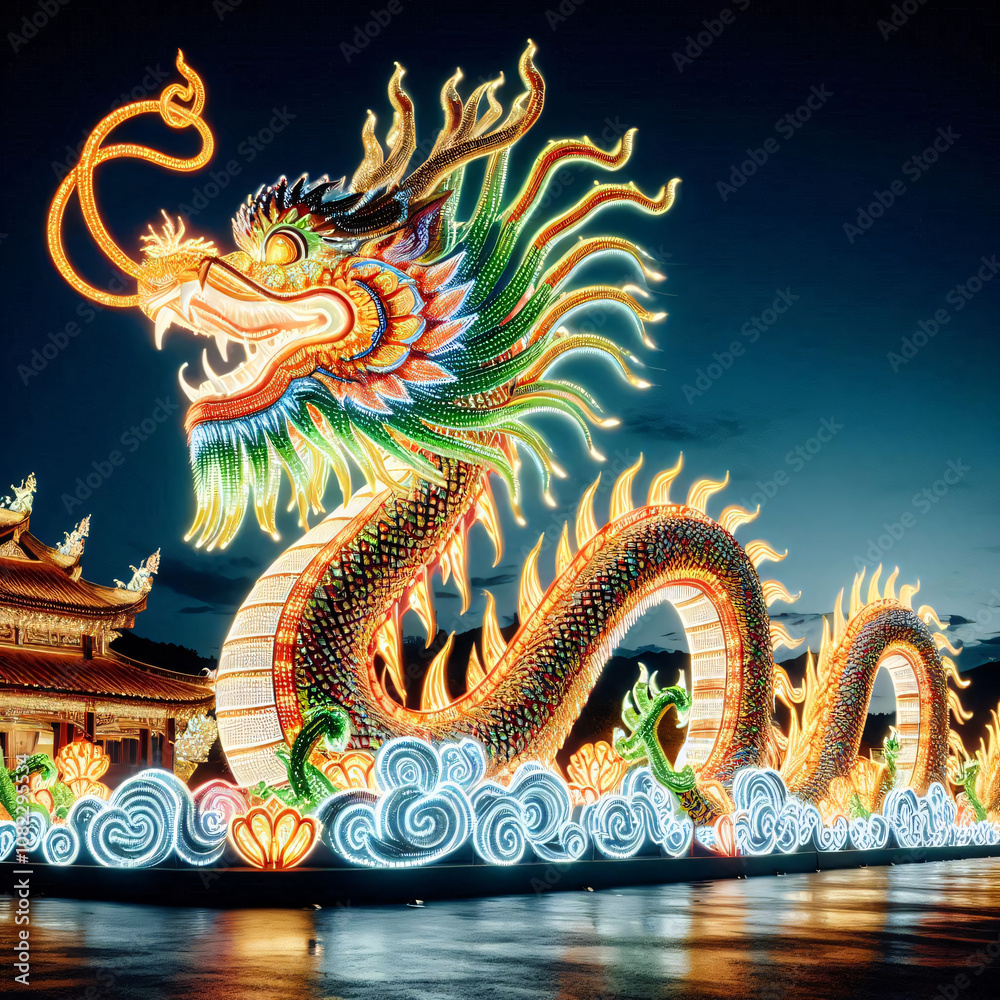 A vibrant dragon leads a procession at a historic fortress under moody skies. Generative AI. A vibrant dragon leads a procession at a historic fortress under moody skies. Generative AI.