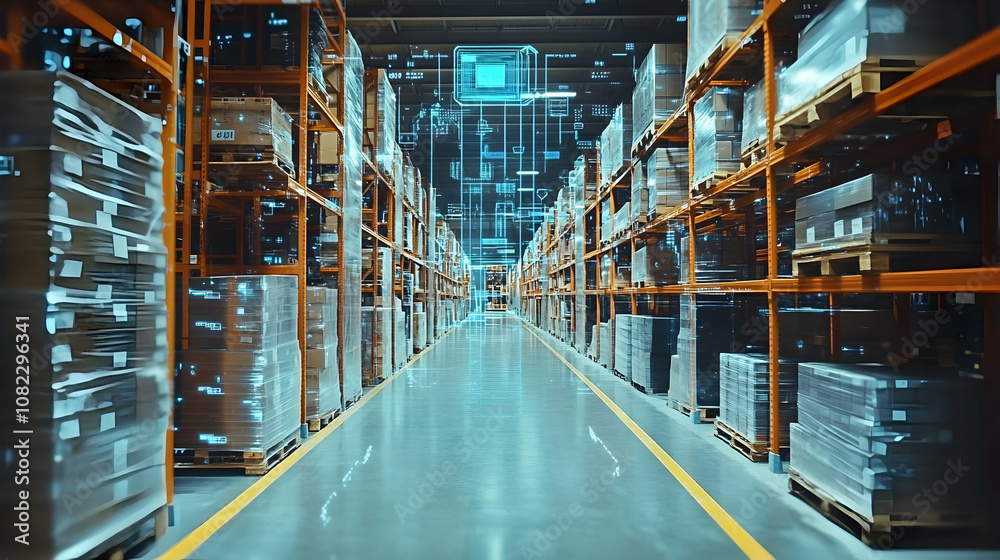 Digital Overlay Illustrates Smart Warehouse Inventory Management System with Automated Processes and Data Visualization