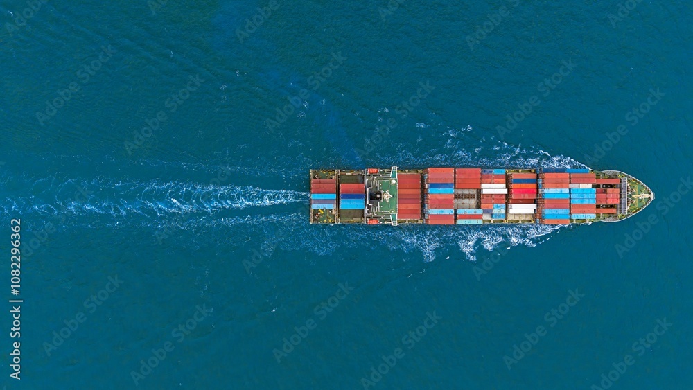 Fototapeta premium Aerial top view container ship full load container with beautiful wave.