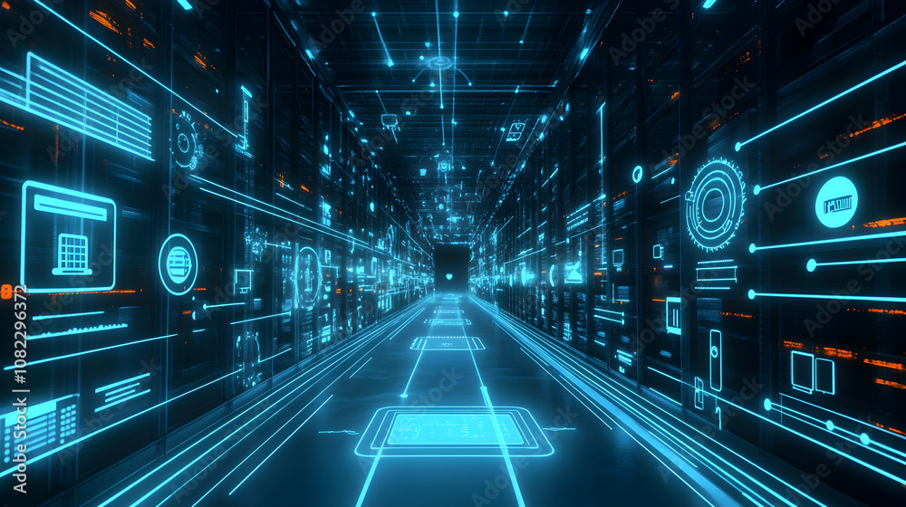 3D Digital Data Corridor: Abstract Network Visualization with Glowing Blue Lines and Icons Illustrating Complex Information Systems. 3D Digital Data Corridor: Abstract Network Visualization with Glowing Blue Lines and Icons Illustrating Complex Information Systems.