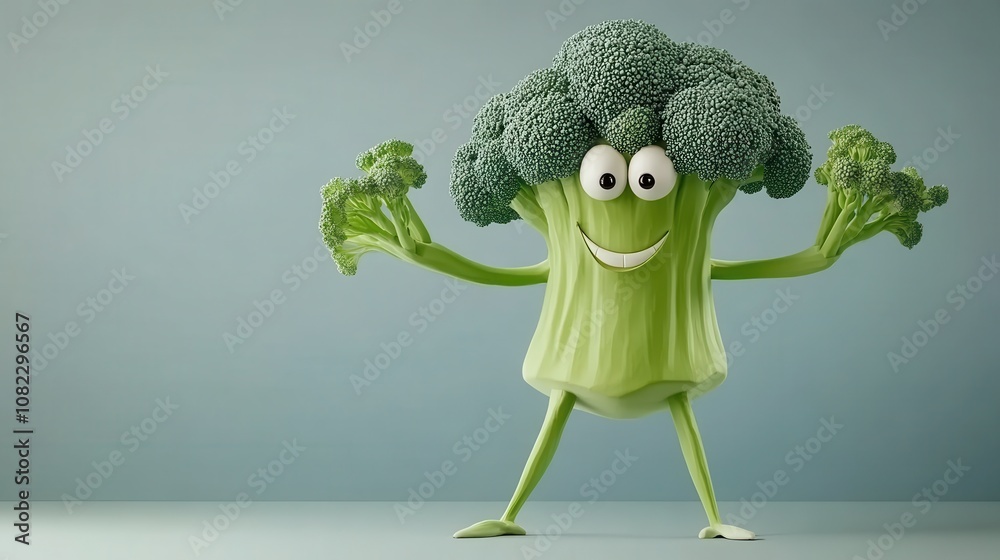 Playful broccoli character studio setting 3d animation vibrant colors fun concept for kids