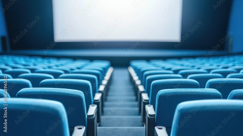 An empty cinema auditorium features rows of blue seats leading up to a large, blank screen. The calm atmosphere suggests a waiting audience, possibly for an evening screening An empty cinema auditorium features rows of blue seats leading up to a large, blank screen. The calm atmosphere suggests a waiting audience, possibly for an evening screening