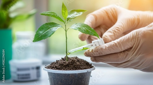 agrochemical concept, A person in gloves is nurturing a small plant in a pot, applying a nutrient solution to enhance its growth in a bright, natural environment.
