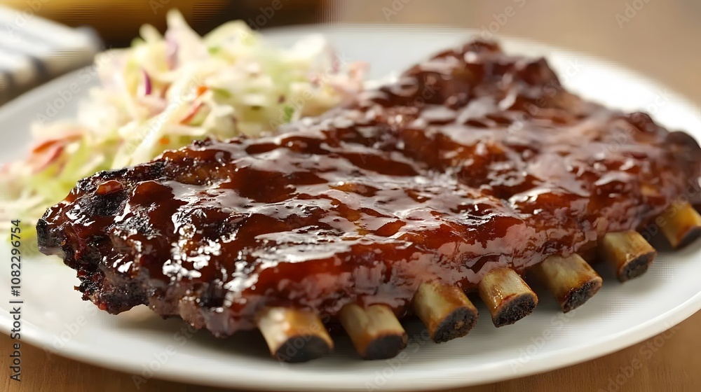A rack of BBQ ribs, slow-cooked and smothered in tangy barbecue sauce, served with coleslaw.
A rack of BBQ ribs, slow-cooked and smothered in tangy barbecue sauce, served with coleslaw.