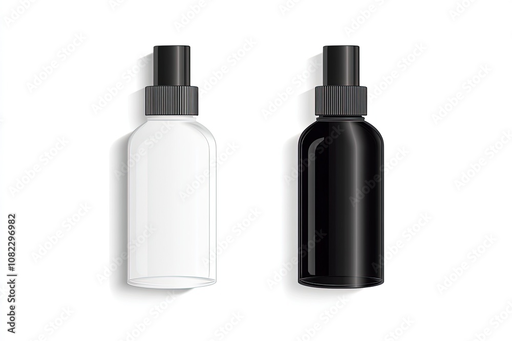 Realistic spray glass bottle mockup with white and black cap. Isolated on white background. For perfume spray and beauty products. Realistic spray glass bottle mockup with white and black cap. Isolated on white background. For perfume spray and beauty products.