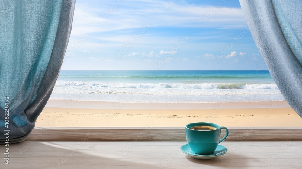 Relaxing beach view with coffee coastal location lifestyle photography bright environment morning concept Relaxing beach view with coffee coastal location lifestyle photography bright environment morning concept