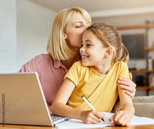 child mother home family homework daughter gir parent education laptop kid teaching childhood woman young happy learning together online shopping e learning photo