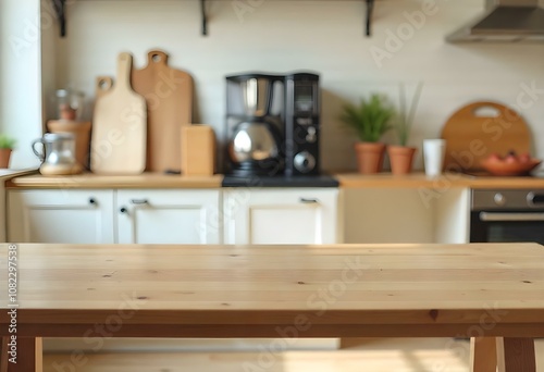 A wooden table in a cozy kitchen setting, with shelves and appliances visible in the background