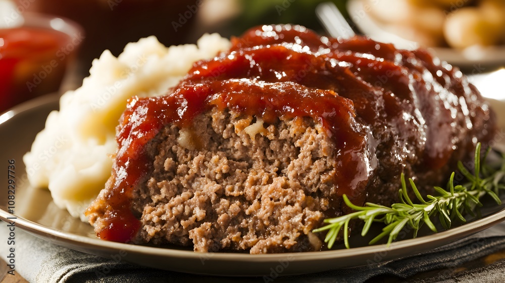 A serving of meatloaf, ground beef mixed with breadcrumbs and spices, baked and served with mashed potatoes.
A serving of meatloaf, ground beef mixed with breadcrumbs and spices, baked and served with mashed potatoes.