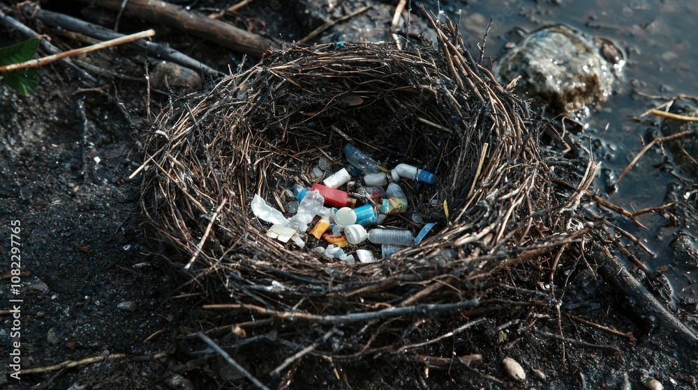 Nest Filled with Plastic Waste and Debris near Water Nest Filled with Plastic Waste and Debris near Water