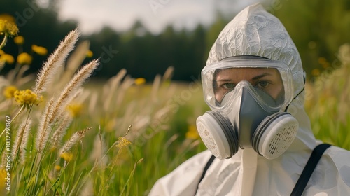 agrochemical concept, A person in a protective suit and mask sits amidst tall grass and wildflowers in a field, highlighting safety in environmental contexts. photo