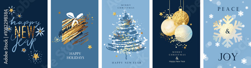 Christmas and New Year greeting cards design. Holiday background, greeting card, party invitation, website banner, social media post. Shiny chic, festive golden textures. 
