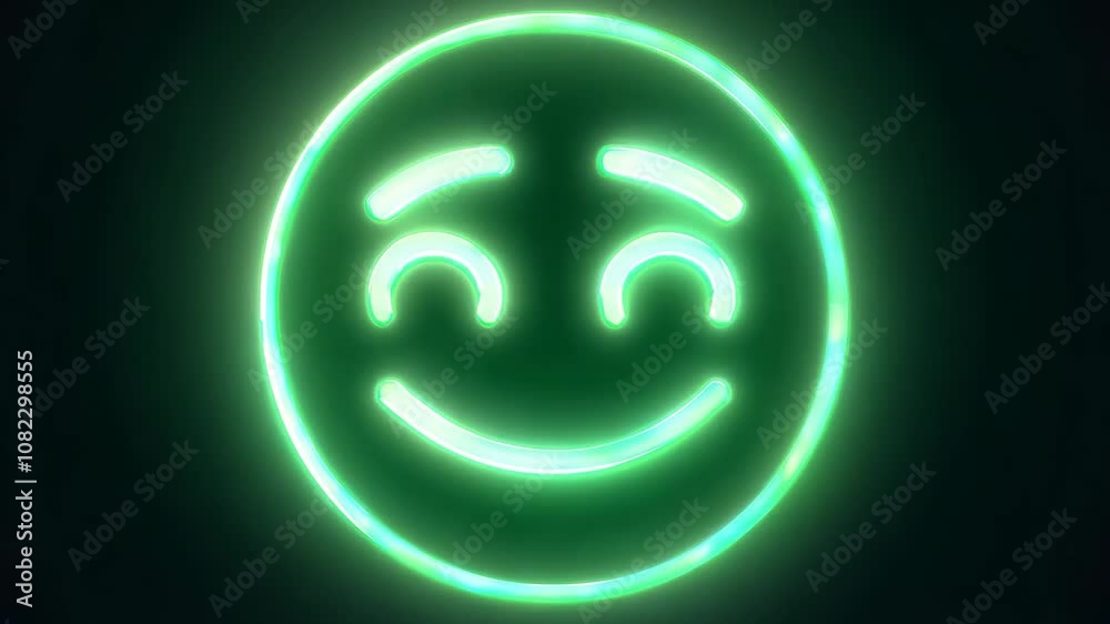A green glowing smiley face. The eyes are open and the mouth is wide. The face is surrounded by a dark background A green glowing smiley face. The eyes are open and the mouth is wide. The face is surrounded by a dark background