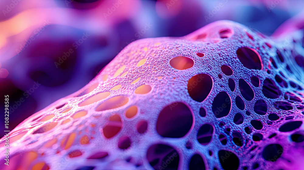 Photorealistic close-up of bioprinted vascular tissue, sharp focus on cellular structures, glowing futuristic biolab Photorealistic close-up of bioprinted vascular tissue, sharp focus on cellular structures, glowing futuristic biolab