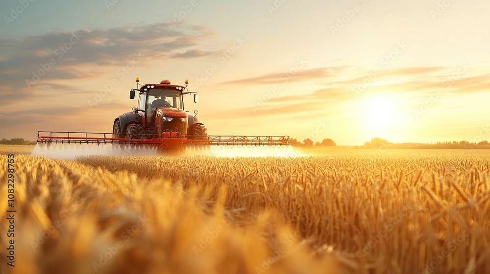 Fototapeta premium agrochemical concept, A tractor sprays crops in a golden wheat field during sunset, showcasing agricultural activity and the beauty of rural landscapes.