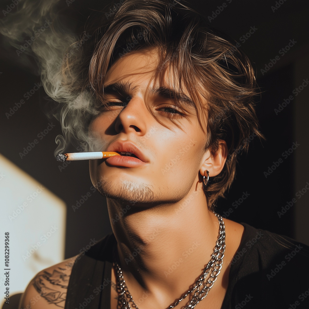 Obraz premium Portrait of a very attractive gay male model smoking, guy looking cool while smoking. smoking fetish. Smoking is sexy. Handsome guy enjoying his cigarette.