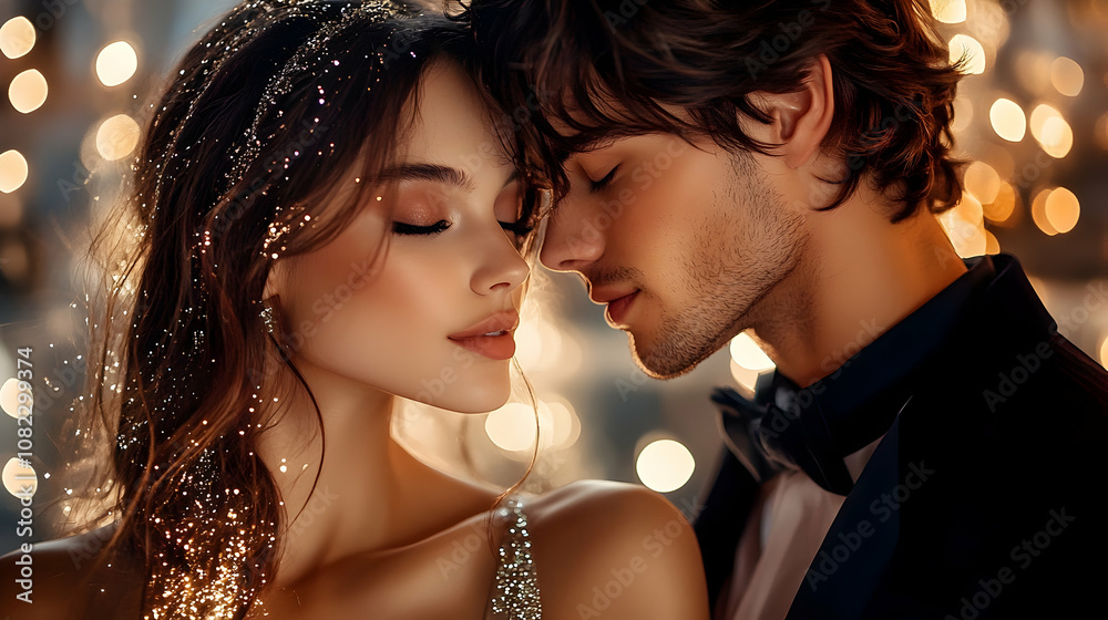 Romantic Couple Close-Up, Tender Embrace, Golden Lights Background, Festive Atmosphere, Intimate Portrait Photography Romantic Couple Close-Up, Tender Embrace, Golden Lights Background, Festive Atmosphere, Intimate Portrait Photography