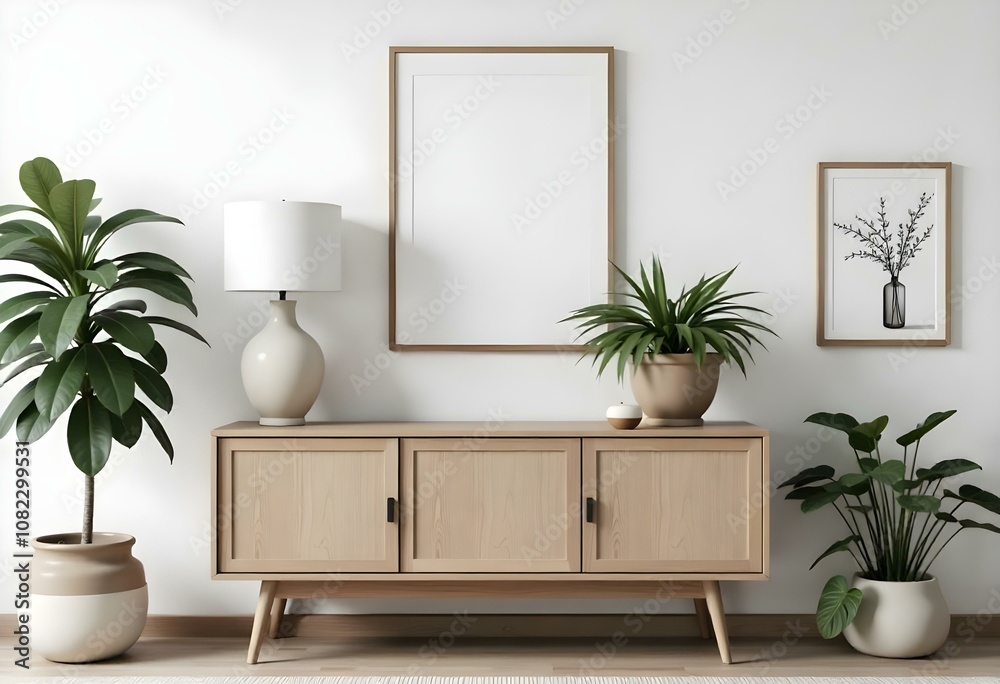 A modern living room with a wooden sideboard, a large framed wall art, and various potted plants A modern living room with a wooden sideboard, a large framed wall art, and various potted plants