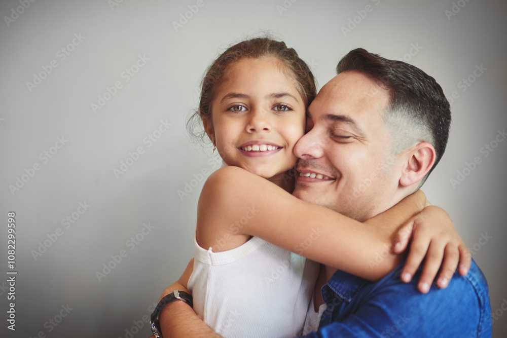 Smile, father and daughter hug with love for affection, security and bonding together of relationship. Happy, girl and man with embracing for care, comfort and family connection on studio background Smile, father and daughter hug with love for affection, security and bonding together of relationship. Happy, girl and man with embracing for care, comfort and family connection on studio background