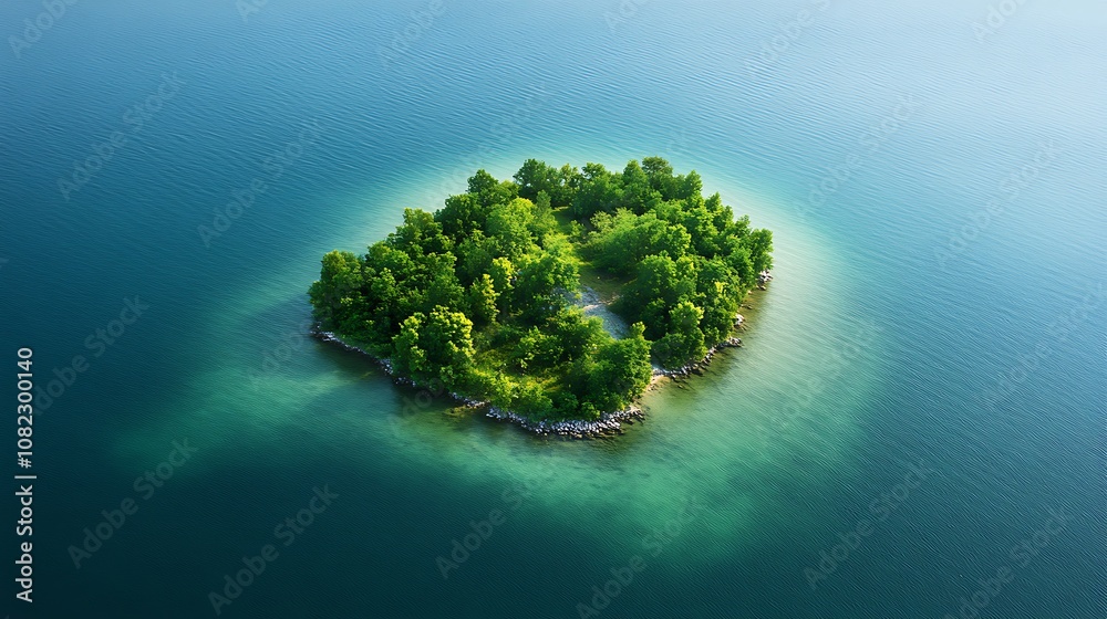 Aerial view of a small, lush island surrounded by clear water, representing peaceful, isolated living Aerial view of a small, lush island surrounded by clear water, representing peaceful, isolated living