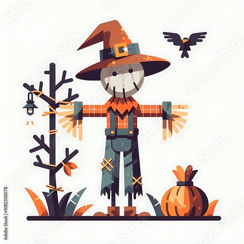 Flat illustration of scarecrow in the field, graphics resource for design