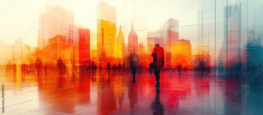 A blurred silhouette of a man standing in a city square with a cityscape in the background, a reflective wet surface, with a warm and bright color scheme. A blurred silhouette of a man standing in a city square with a cityscape in the background, a reflective wet surface, with a warm and bright color scheme.