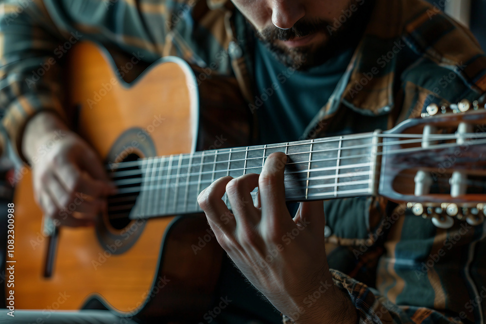 Generative AI Image of a Guitarist Performing with Acoustic Guitar Generative AI Image of a Guitarist Performing with Acoustic Guitar