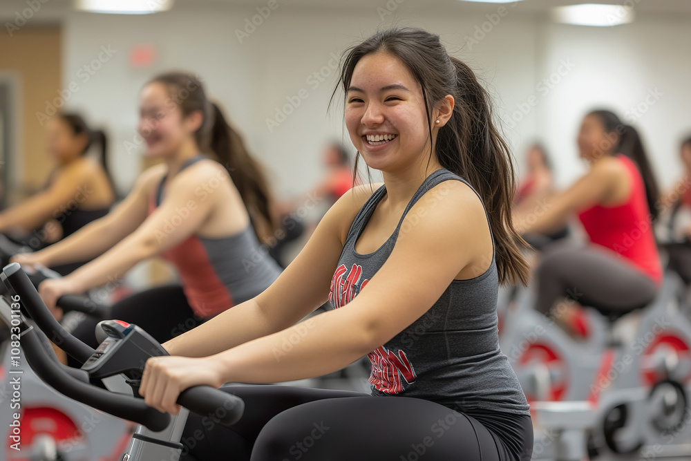 Group of people happily exercising on stationary bikes in bright gym Group of people happily exercising on stationary bikes in bright gym