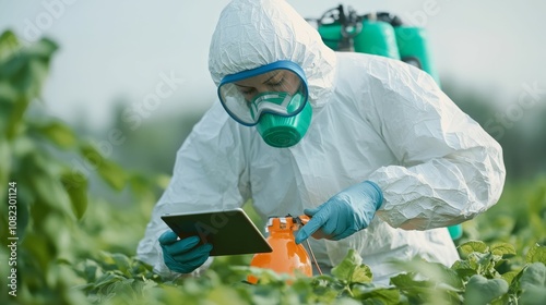 agrochemical concept, A person in protective gear examines plants in a field, using a tablet to monitor agricultural conditions and ensure safety.