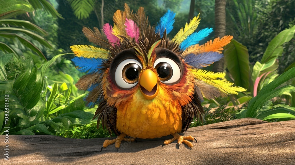 Naklejka premium Cartoon parrot with vibrant feathers jungle digital illustration lush environment close-up fun concept