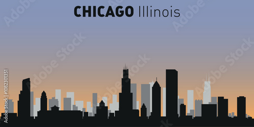 Black and white silhouettes of buildings on Chicago skyline. Vector on a colored background.
