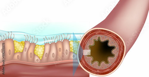 Bronchus. Medical illustration depicting Respiratory cilia and mucus. Pseudostratified columnar epithelium. Structure Ciliated Epithelium Infographics 