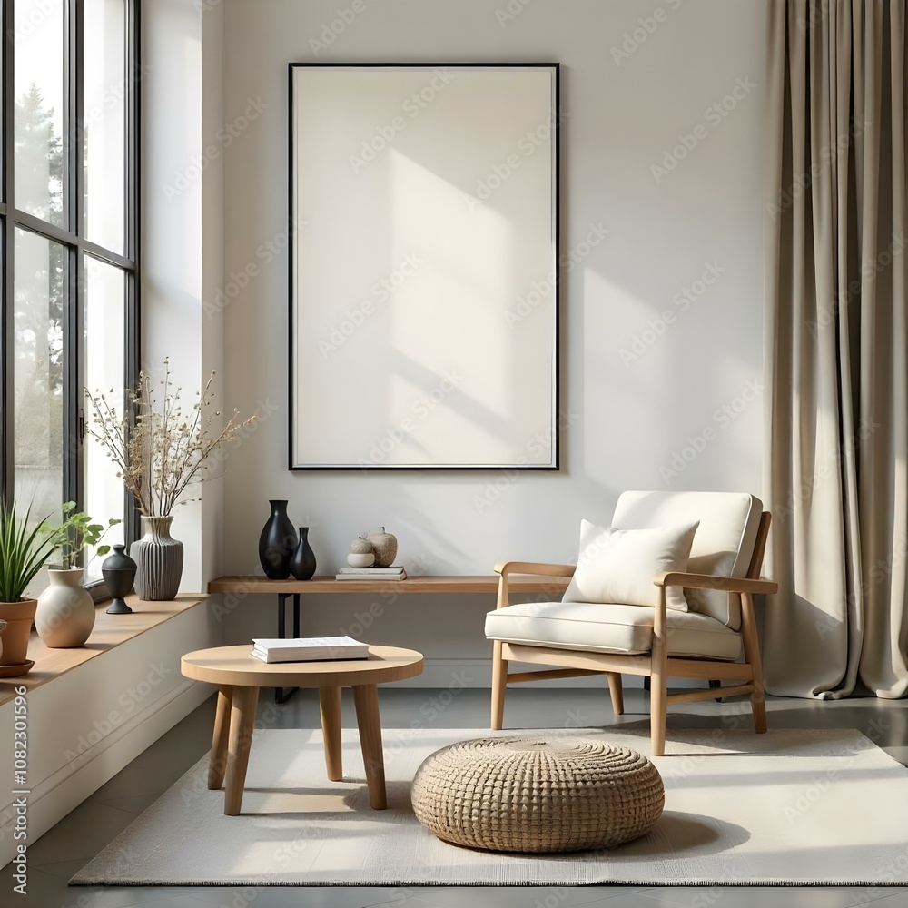 A minimalist living room with a large framed artwork on the wall, a wooden coffee table, a beige armchair, and a round woven pouf on a neutral-colored rug A minimalist living room with a large framed artwork on the wall, a wooden coffee table, a beige armchair, and a round woven pouf on a neutral-colored rug