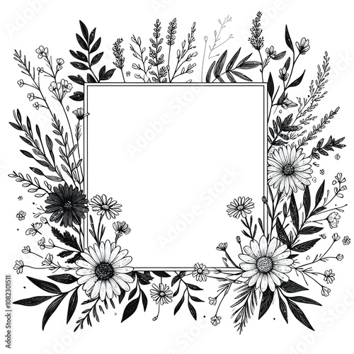 rectangular black-and-white frame with delicate wildflowers vector