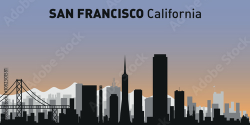 Black and white silhouettes of buildings on San Francisco skyline. Vector on a colored background.	